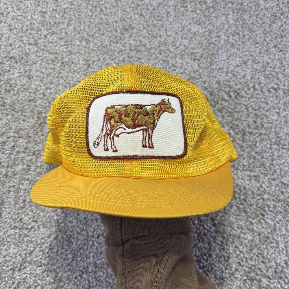 Vintage K-Brand Hat Cap Snap Back Mens One Size Yellow Cow Mesh Trucker 80s